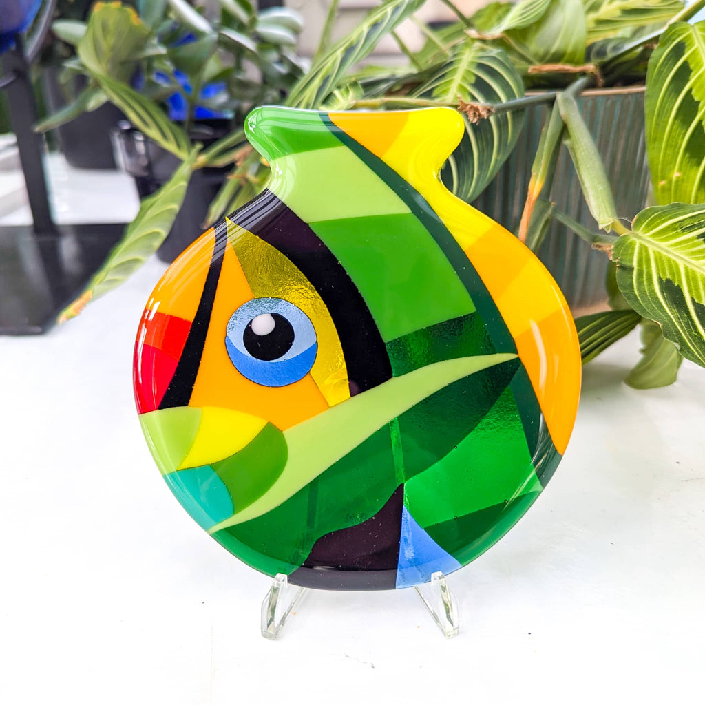 Toucans: Fused glass art miniature in the Hard Edge glass art style.