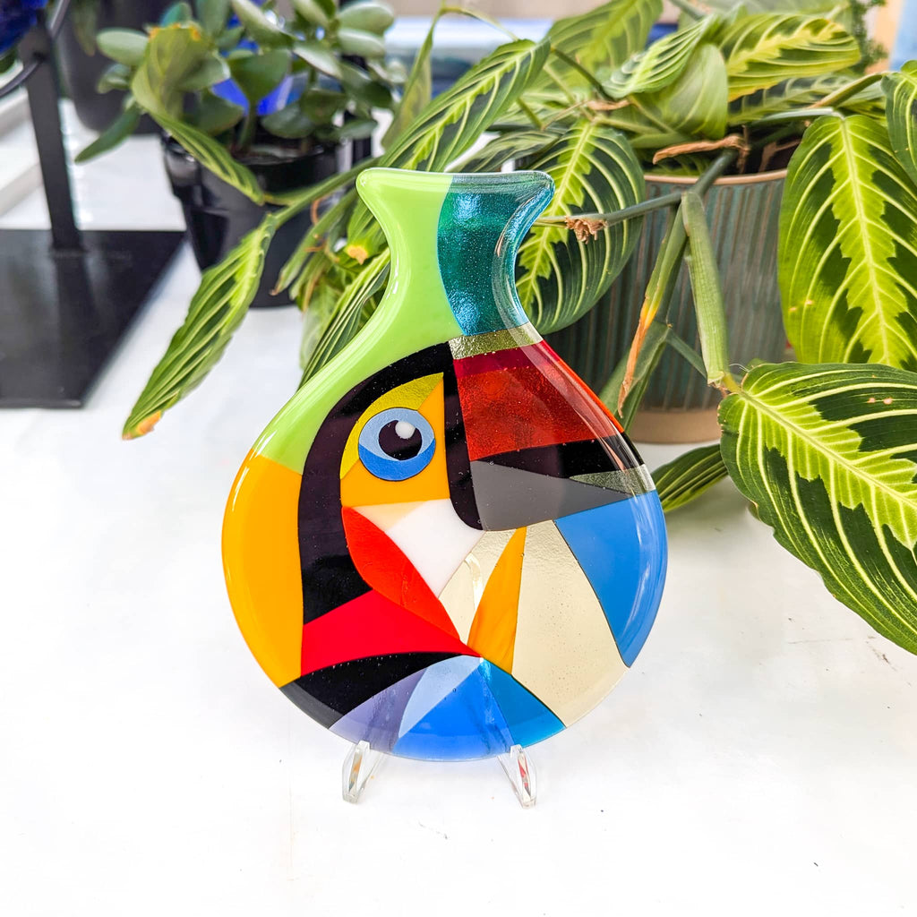 Toucans: Fused glass art miniature in the Hard Edge glass art style.