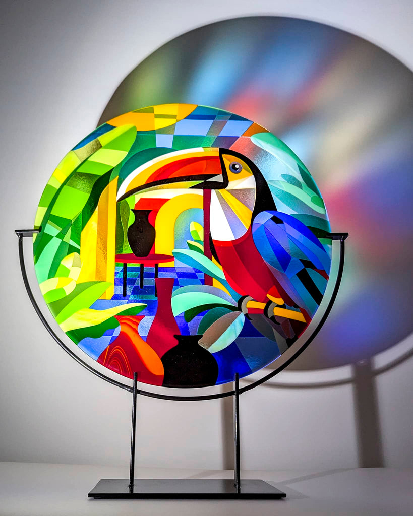 Spotlight on 'Toucans' Fused glass art roundel in the Hard Edge glass art style. 