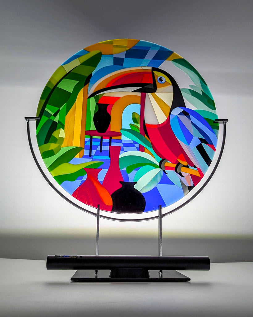 Strip light on Toucans: Large glass art roundel & miniatures