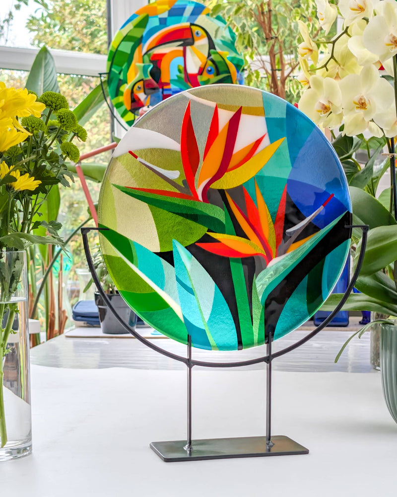 'Strelitzia and Sakura' glass art roundel and Miniatures