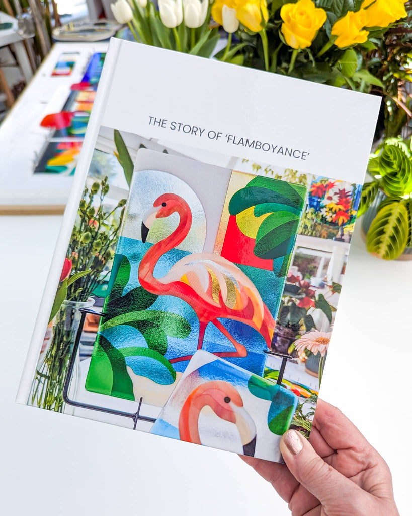 Illustrated booklet documenting the creation of commissioned Hard Edge fused glass art, featuring flamingo design by Linda Rossiter