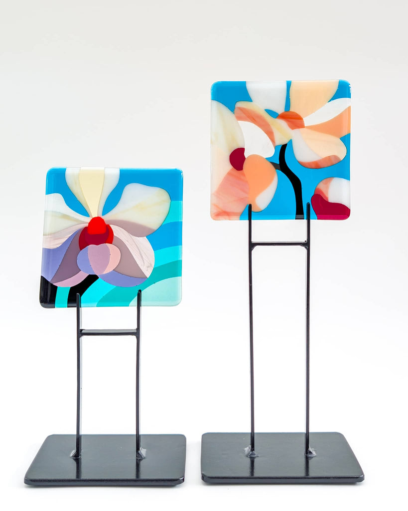 Commissioned fused glass art Miniatures on custom-made metal stands