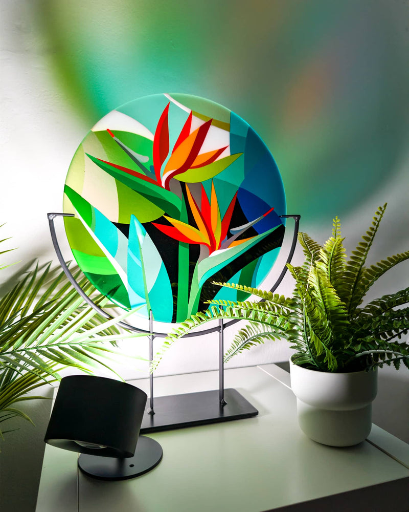 'Strelitzia and Sakura' glass art roundel and Miniatures