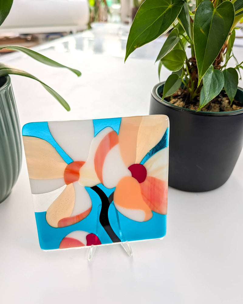 Close-up of commissioned contemporary glass Miniature by Linda Rossiter inspired by Cherry Blossom