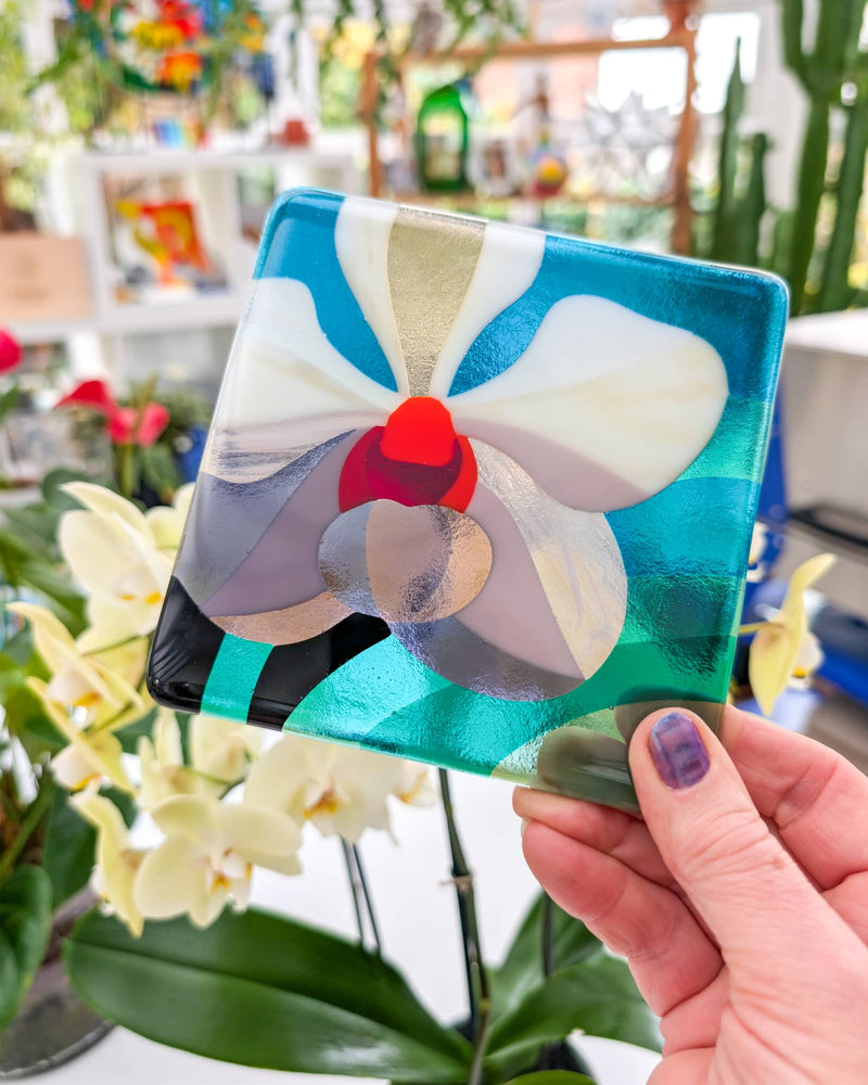 Close-up of commissioned contemporary glass Sakura Miniature by Linda Rossiter inspired by orchids