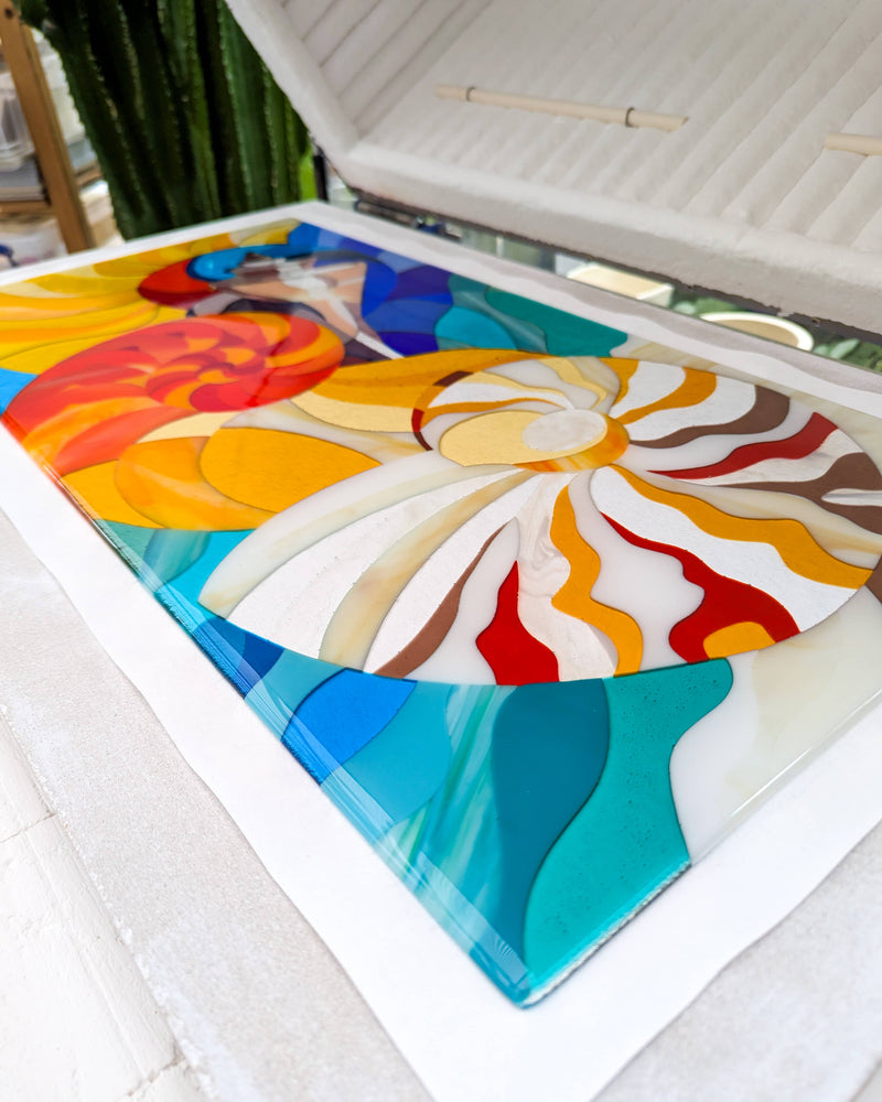 The Sea fused glass artwork in the kiln