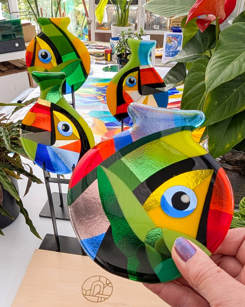 Toucans contemporary glass art Miniatures by GlassArtbyLinda