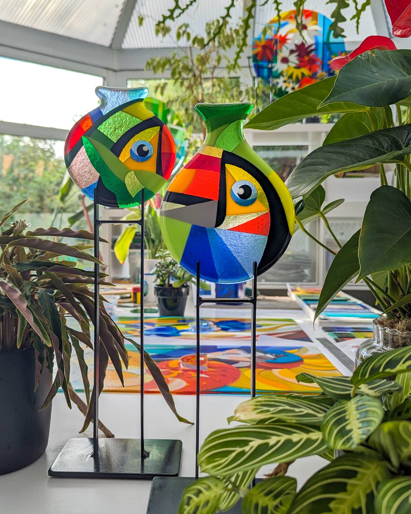 Toucans contemporary glass art Miniatures by GlassArtbyLinda