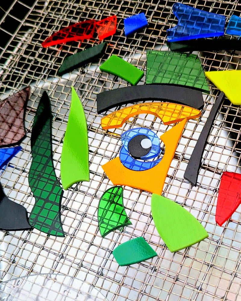 Commissioned contemporary Hard Edge glass Toucan Miniatures in progress showing individually cut glass pieces arranged before firing