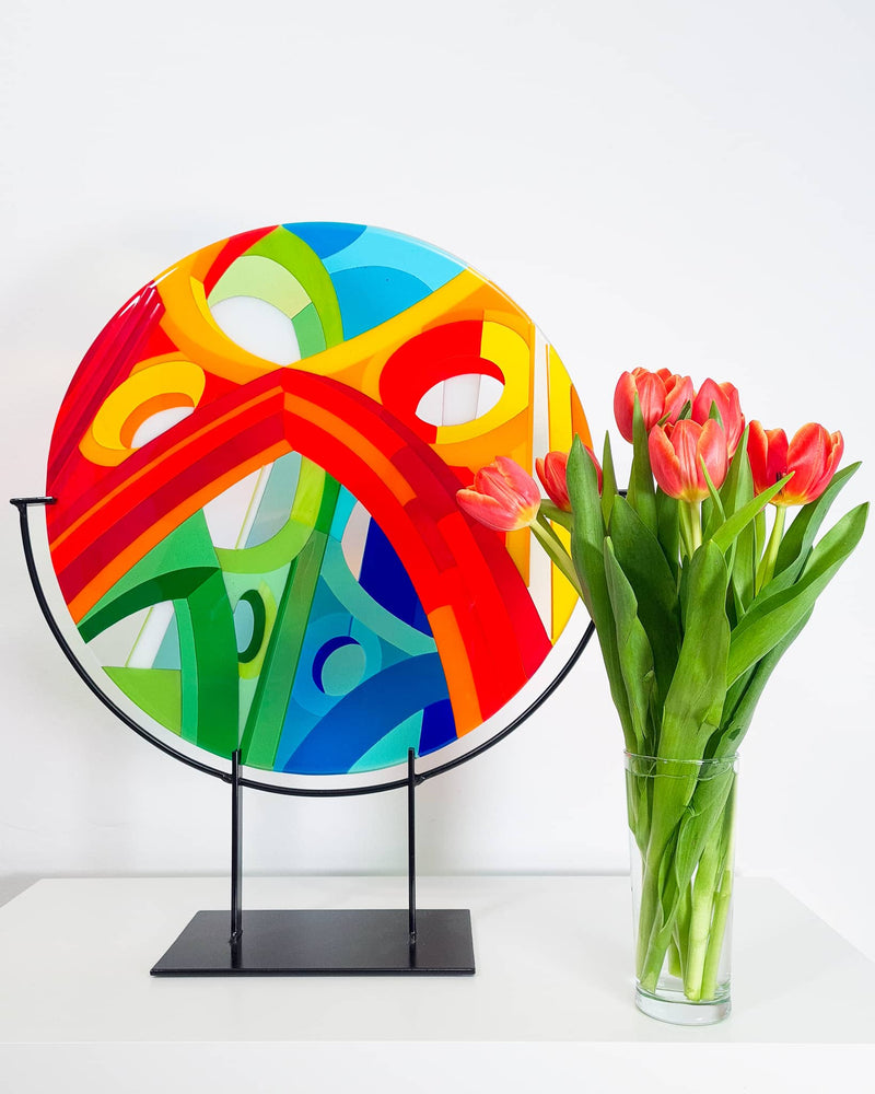 'Wells' glass art roundel on custom stand