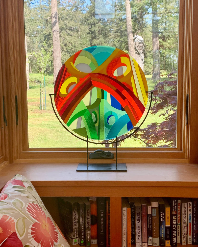 'Wells' glass art roundel on custom stand