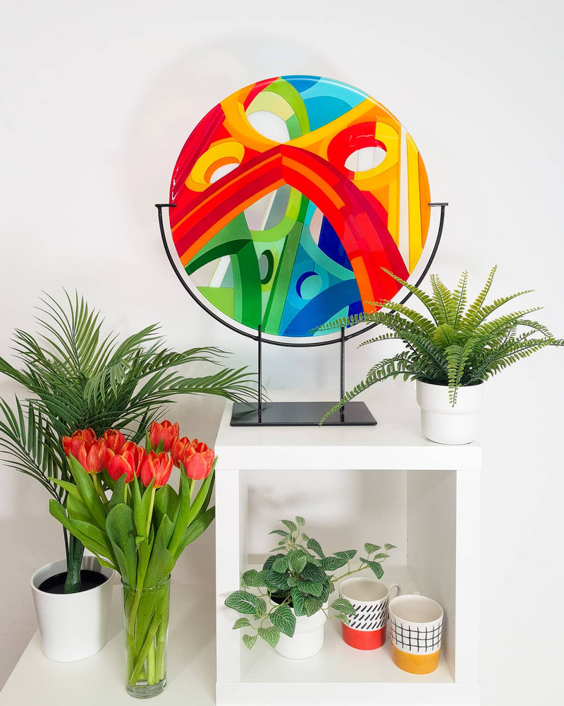 'Wells' glass art roundel on custom stand