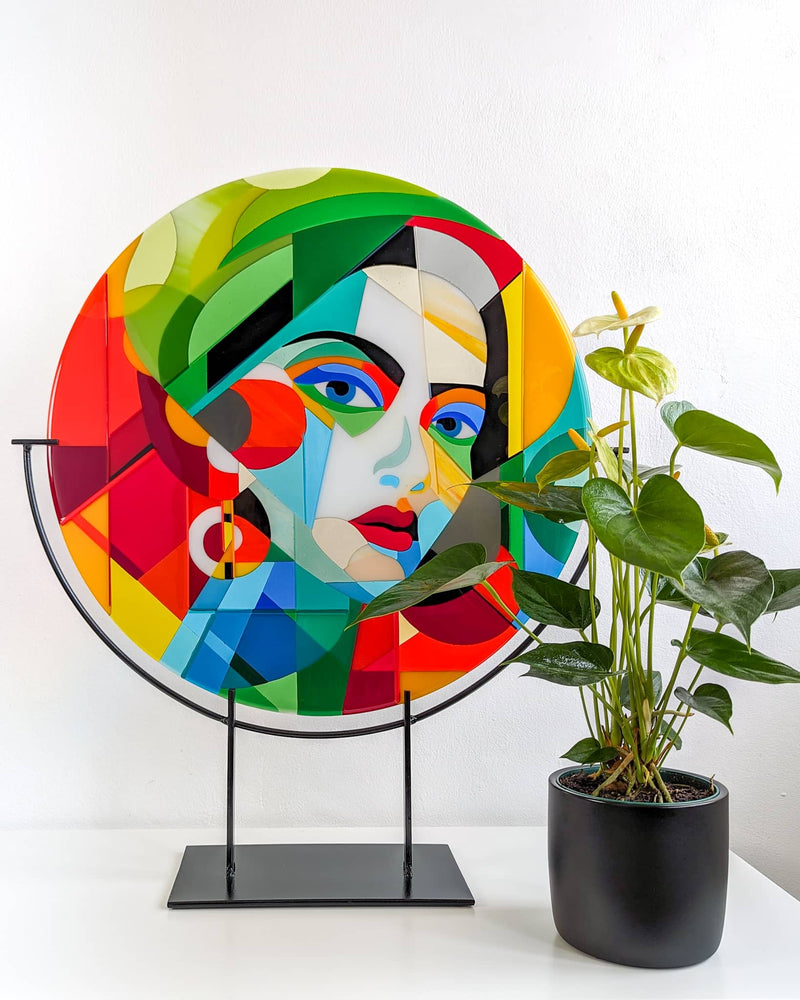 'Yearning' fused glass art Roundel on custom stand