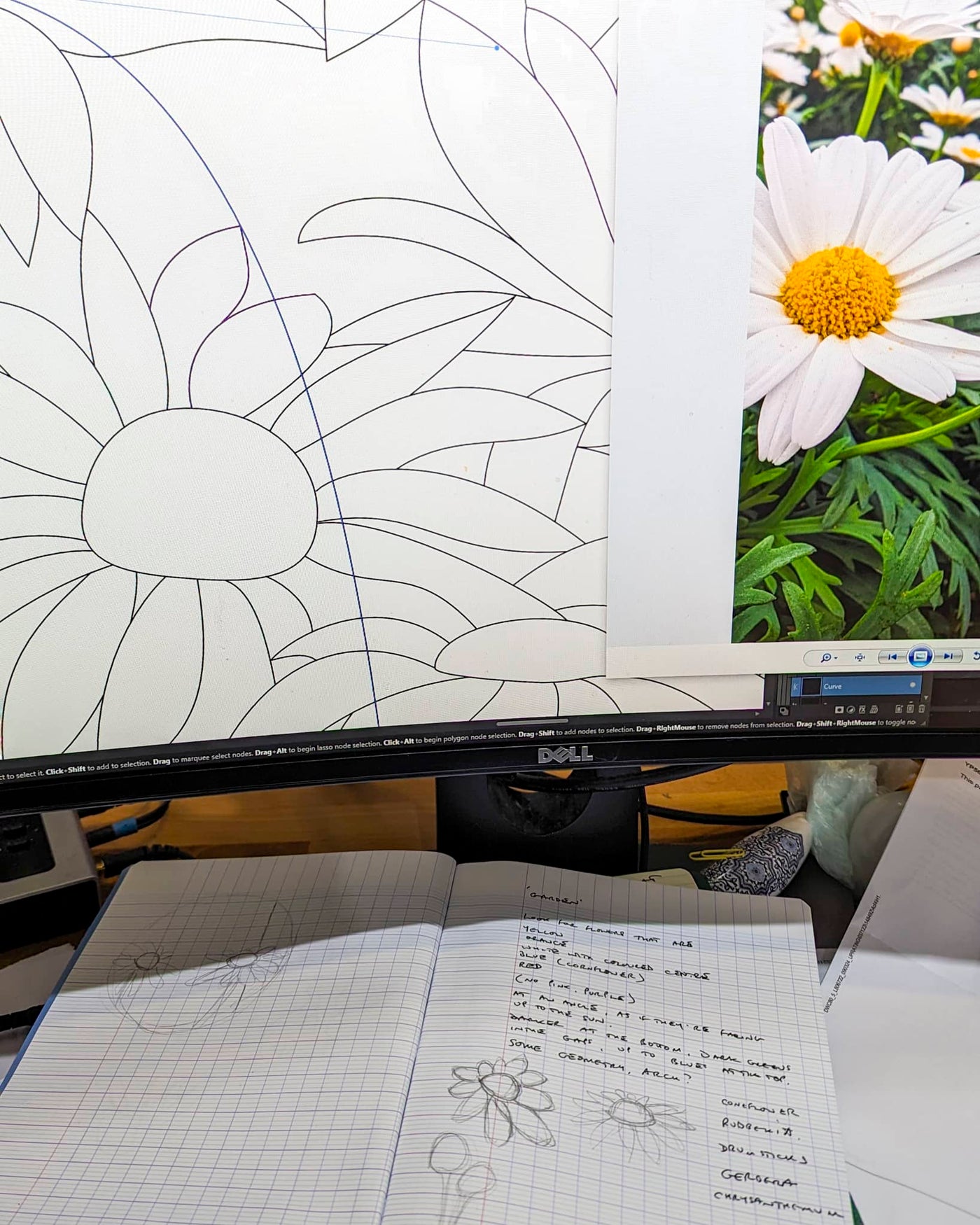 Early design drawing for 'Abundance' showing the floral composition being developed from reference photographs before the glass cutting began