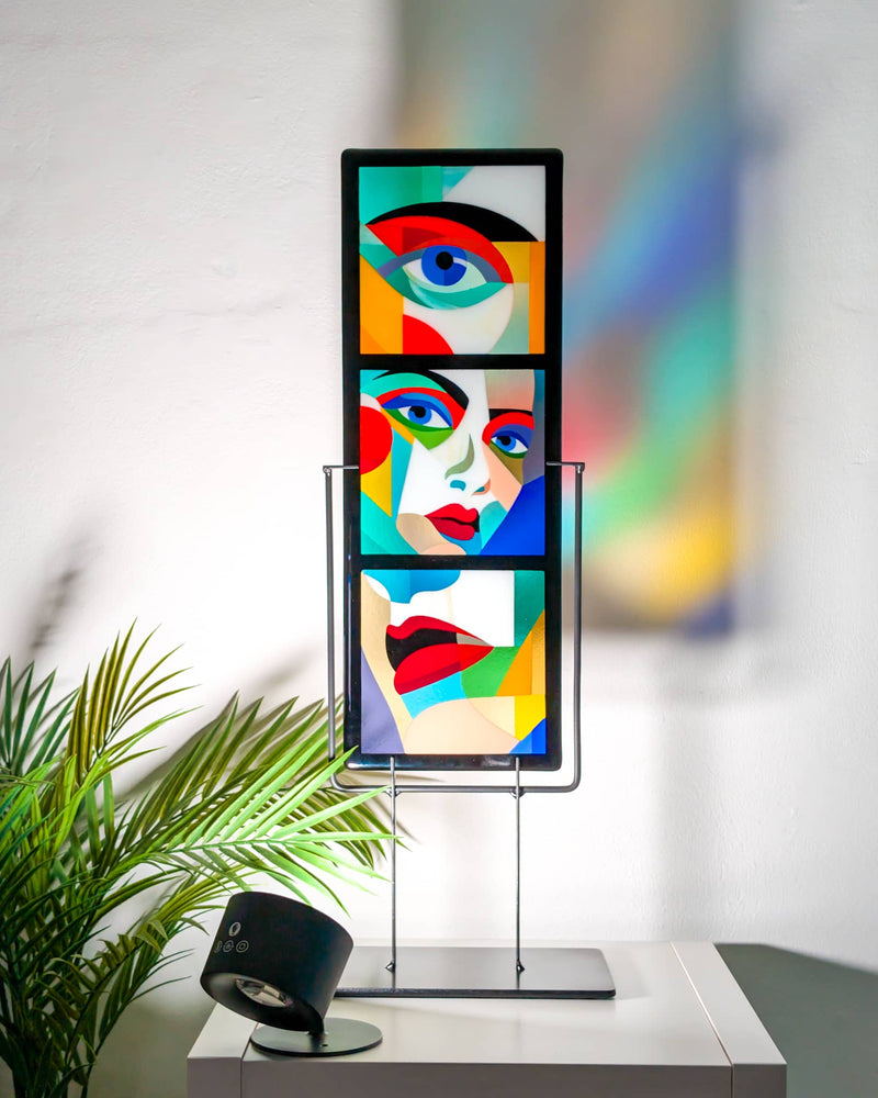 'Alluring Montage' commissioned contemporary Hard Edge glass artwork by Linda Rossiter inspired by the collector's idea of combining three portrait studies into a single sculptural artwork on a custom stand
