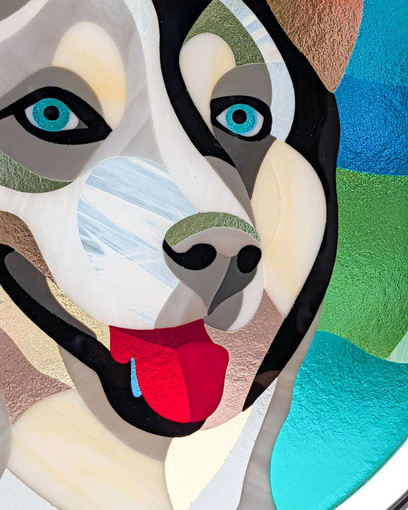 Close-up of Blue’s commissioned Hard Edge glass portrait showing his bright blue eyes, facial markings and smiling expression