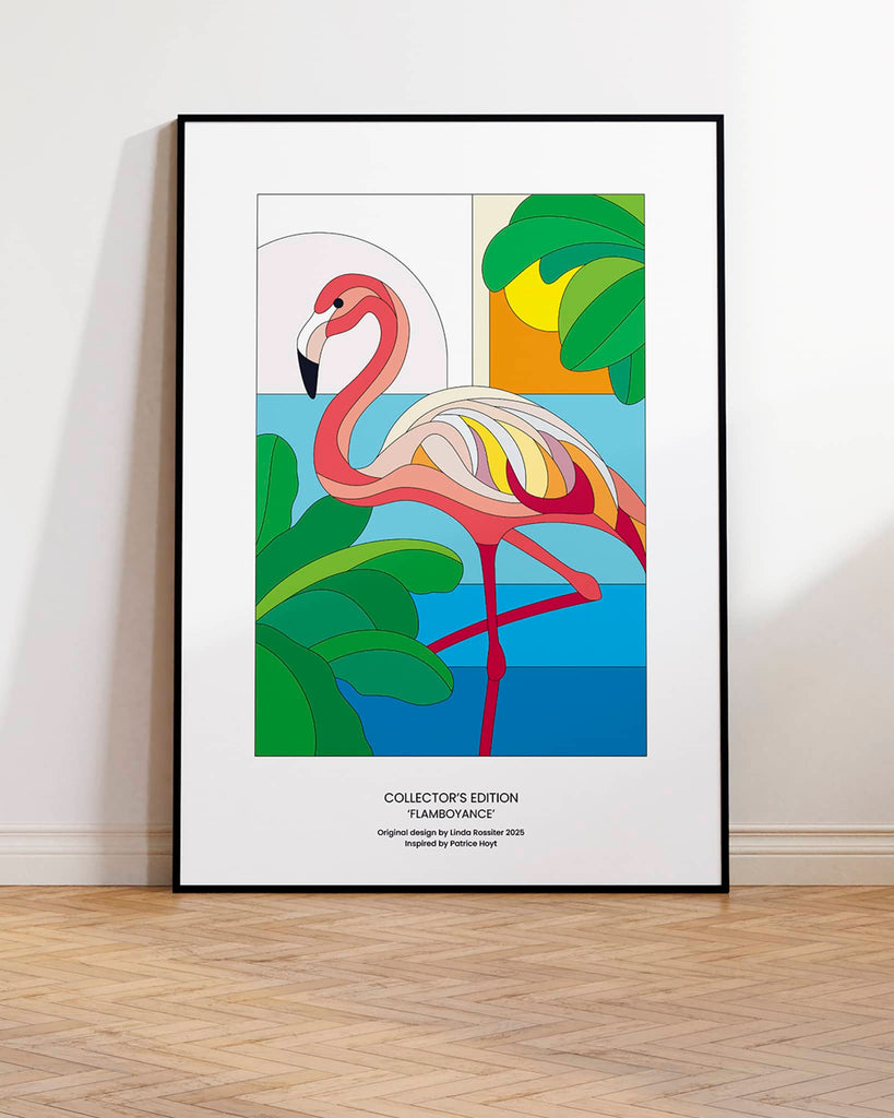 Framed A3 signed collector’s edition print of ‘Flamboyance’, a vibrant flamingo design inspired by original glass artwork – part of the exclusive gift package from Glass Art by Linda