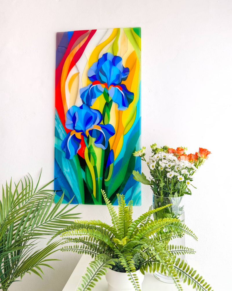 'Gardening' commissioned contemporary Hard Edge glass artwork by Linda Rossiter featuring vibrant blue irises created in memory of the collector's late mother