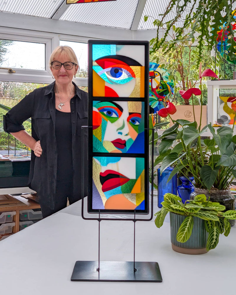Linda Rossiter presenting 'Alluring Montage', a completed commissioned contemporary Hard Edge glass artwork before it was delivered to its collector