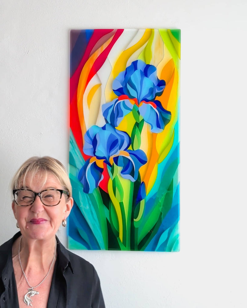 Linda Rossiter presenting the completed 'Gardening' commissioned contemporary Hard Edge glass iris artwork before delivery to its collector
