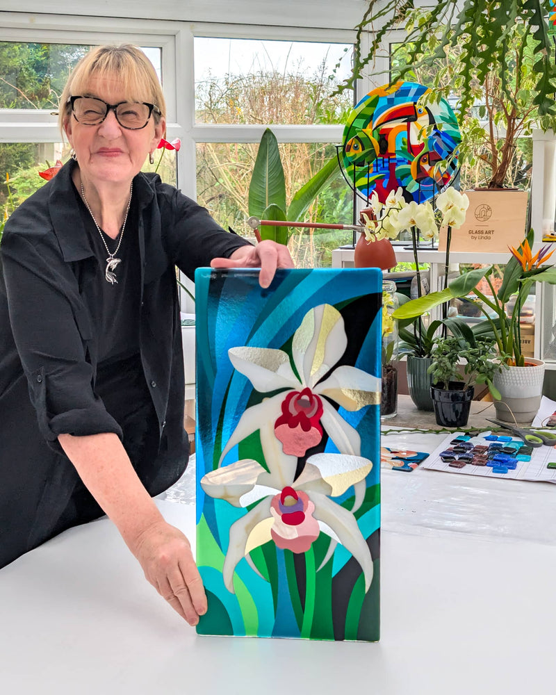 Linda Rossiter presenting 'Orchid', a completed commissioned contemporary Hard Edge glass artwork before it was delivered to its collector