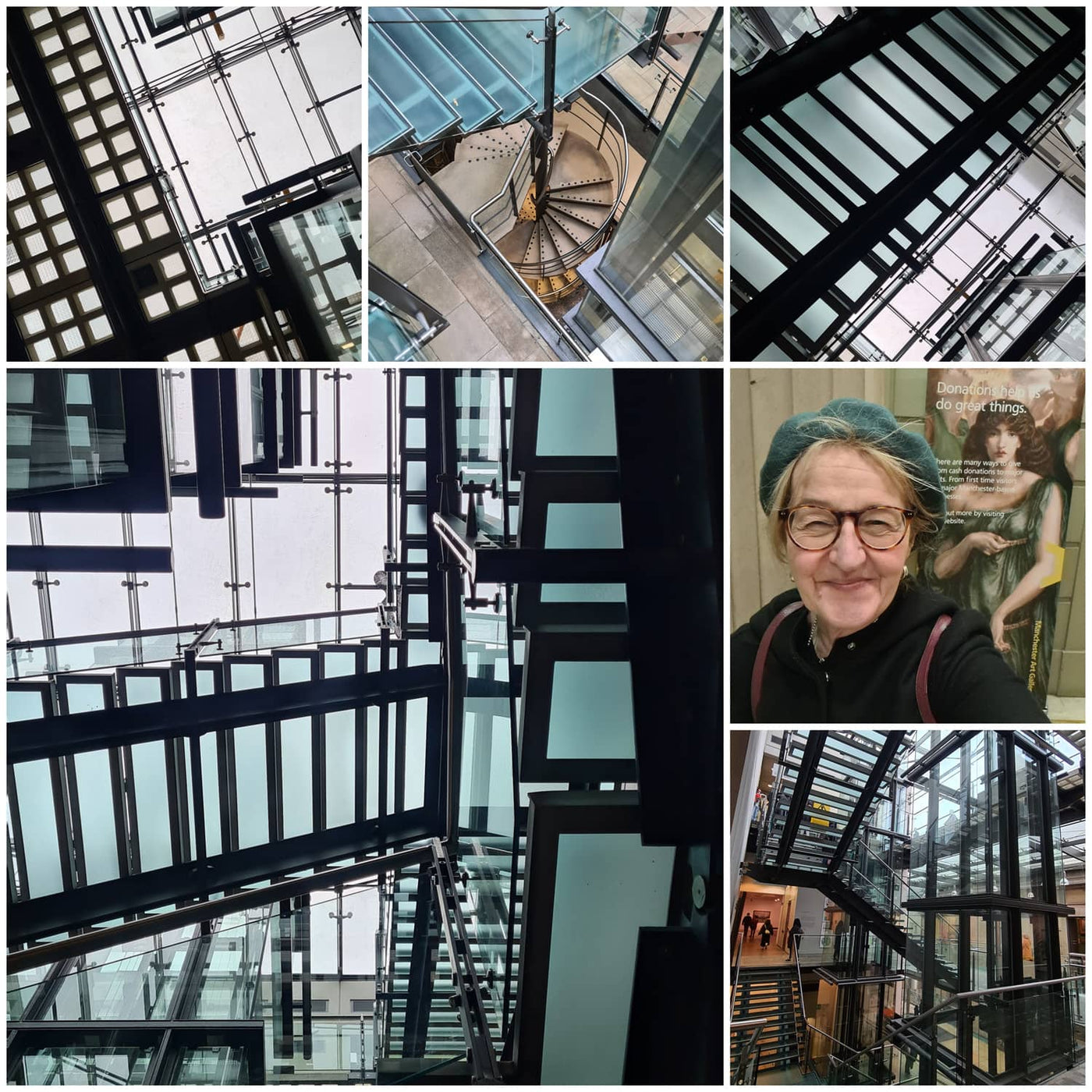 Photographs taken inside Manchester Art Gallery showing the staircase that inspired the contemporary Hard Edge glass artwork 'Stairs'