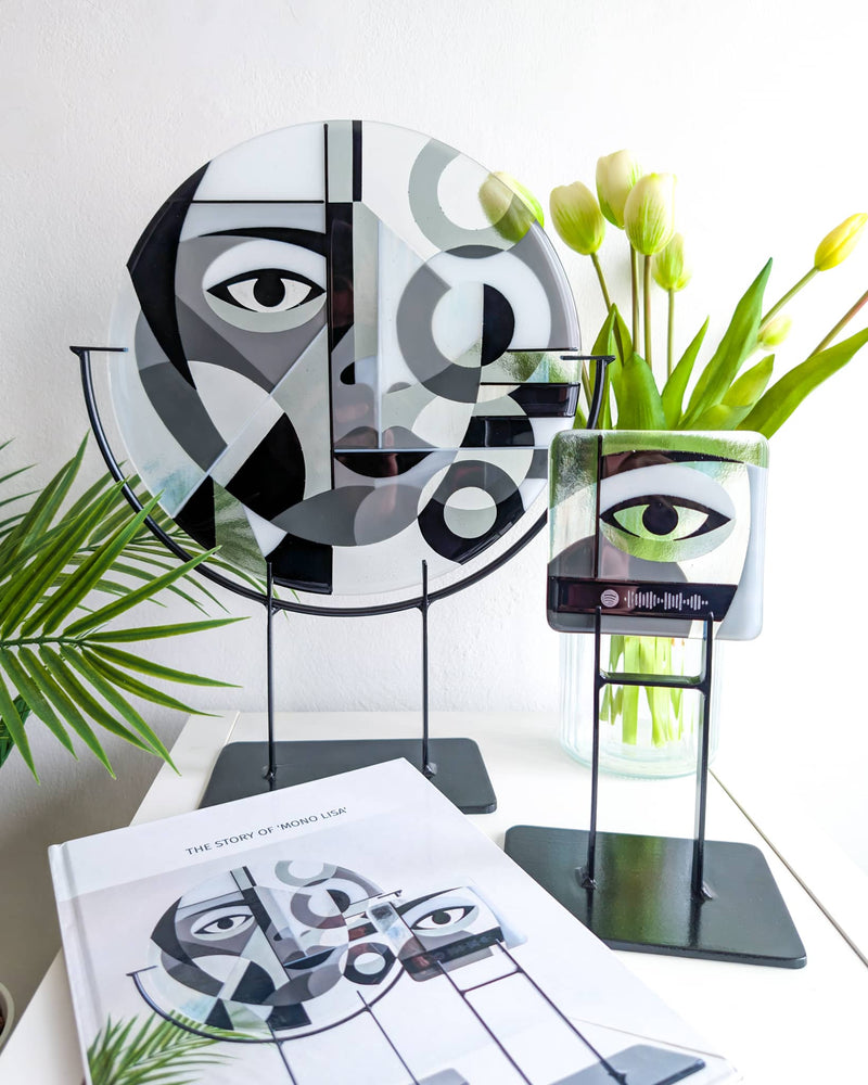 'Mono Lisa' commissioned contemporary Hard Edge glass artwork by Linda Rossiter inspired by the collector's love of Cubist portraiture and monochrome design