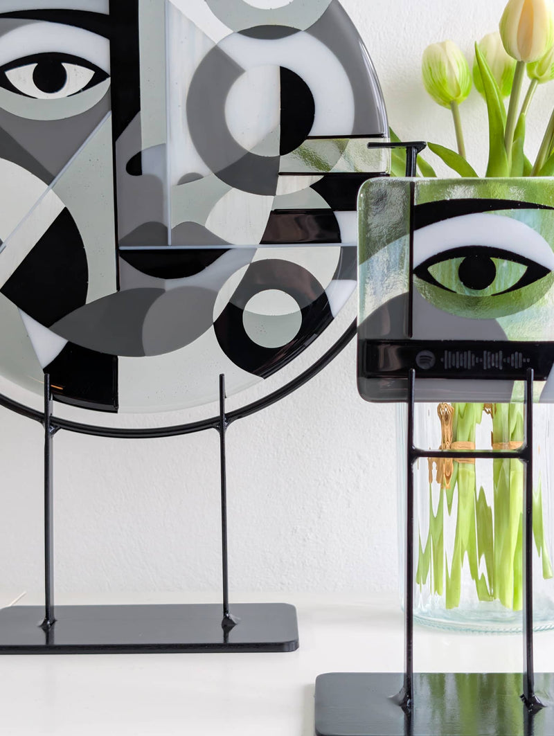Detail view of 'Mono Lisa' commissioned contemporary Hard Edge glass artwork with its matching companion piece showing precisely fitted individually cut glass pieces