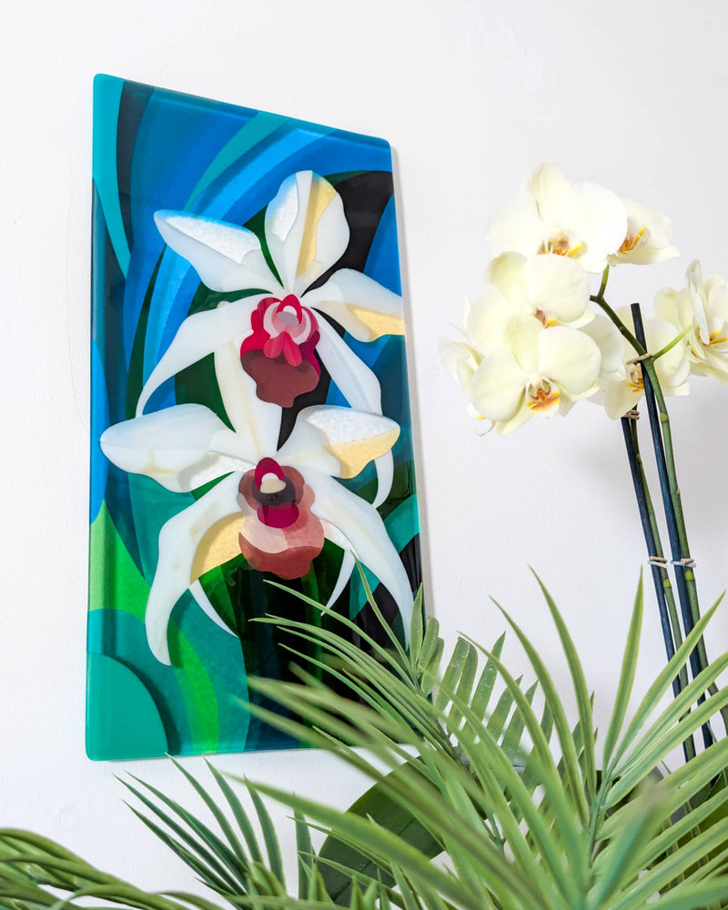 'Orchid' commissioned contemporary Hard Edge glass artwork by Linda Rossiter inspired by the collector's love of orchid flowers