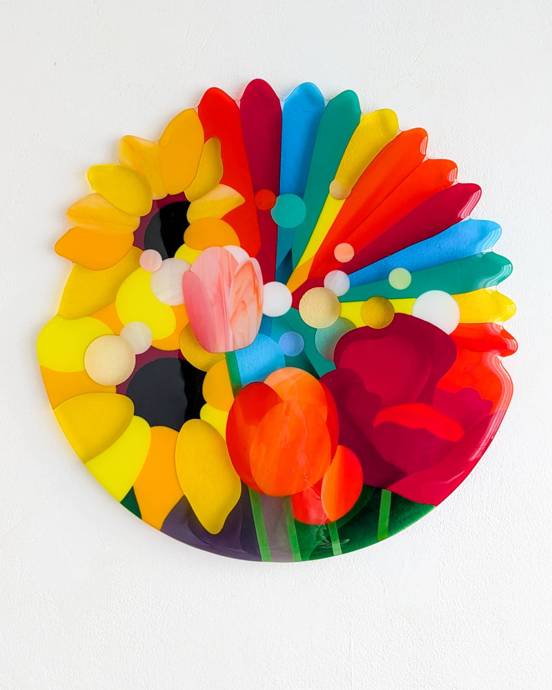 Colourful Hard Edge fused glass wall panel inspired by wedding decorations, sunflowers, peonies and tulips