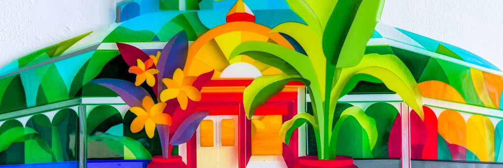 'The Palm House' fused glass botanical artwork by Glass Art by Linda. Colourful Hard Edge glass art inspired by tropical plants and architecture.