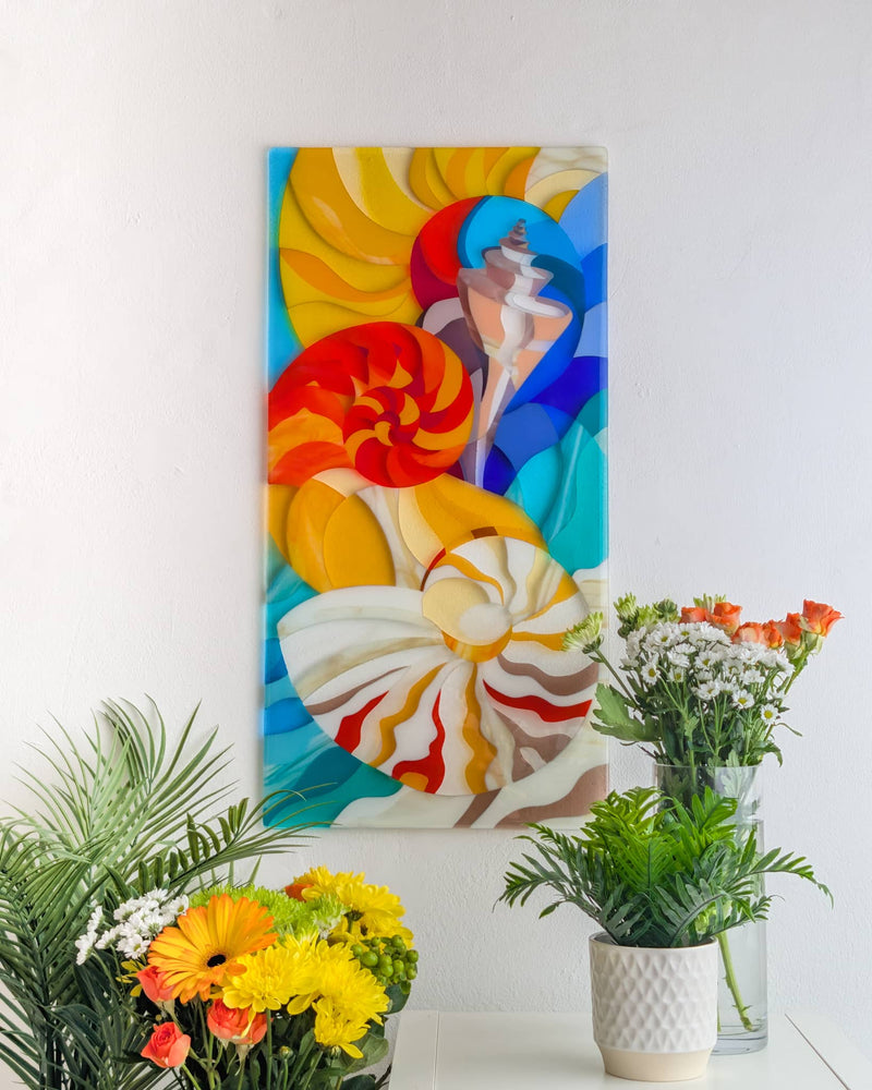 'The Sea' commissioned contemporary Hard Edge glass artwork by Linda Rossiter inspired by treasured seashells collected by the collector's late father