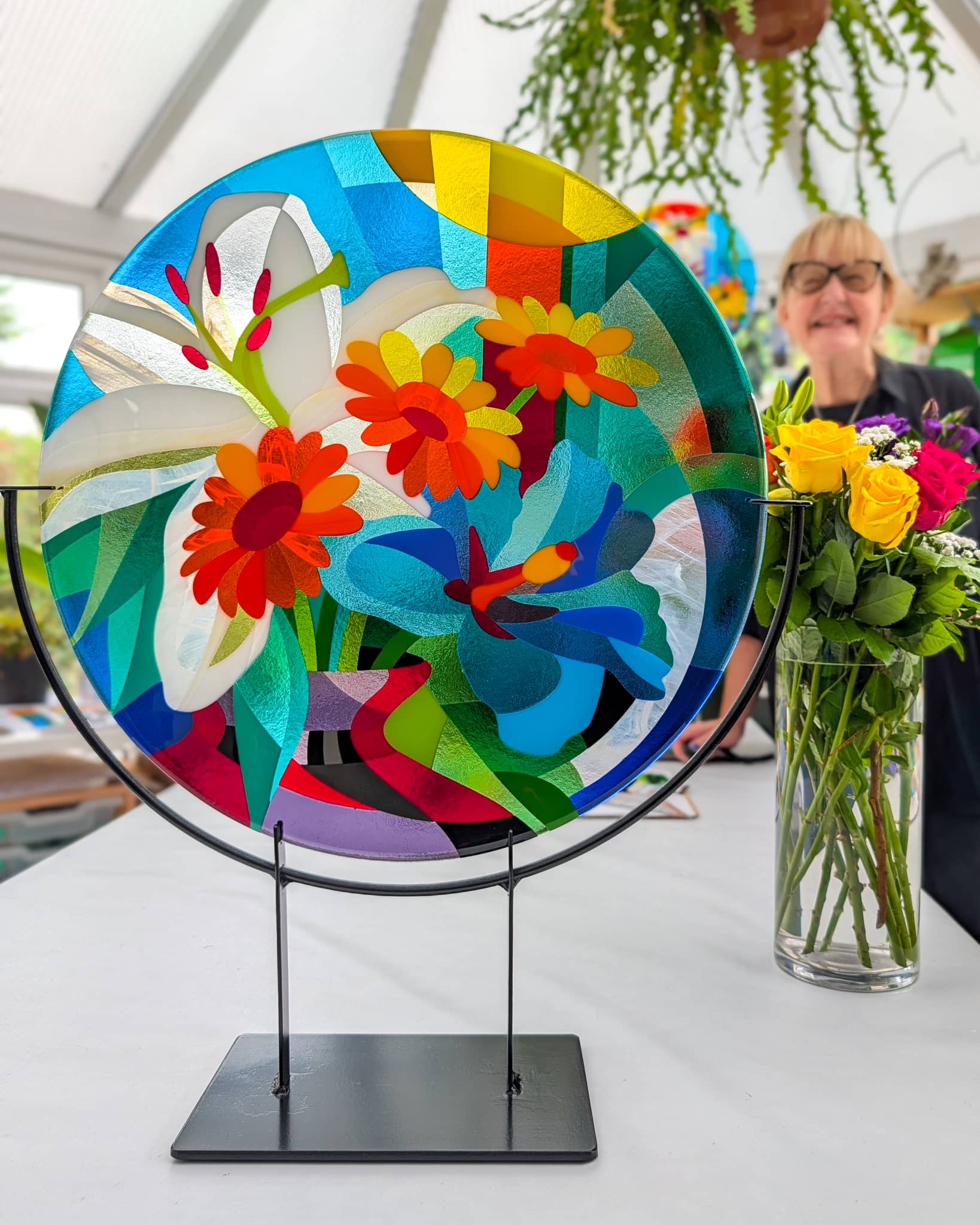 Three Sisters, floral Hard Edge glass artwork by Linda Rossiter