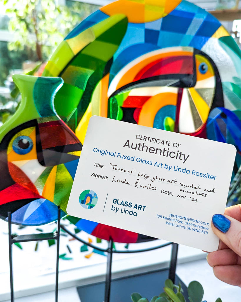 Certificate of authenticity for commissioned Hard Edge fused glass artwork by Linda Rossiter, recognising client’s role in creation