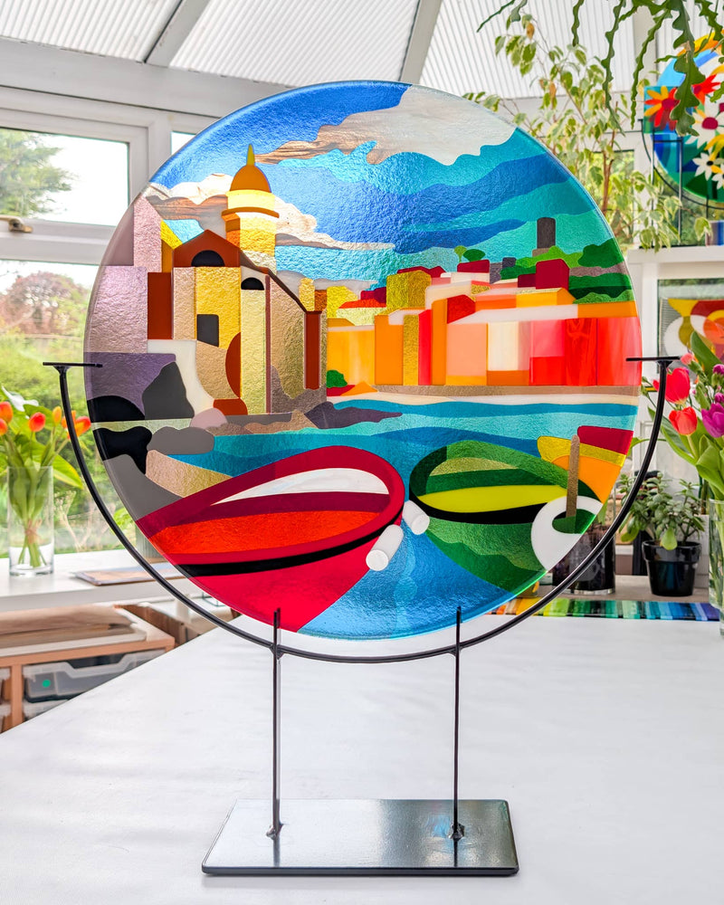 ‘Vernazza’ commissioned contemporary Hard Edge glass artwork by Linda Rossiter, inspired by the colourful Italian seaside town of Vernazza