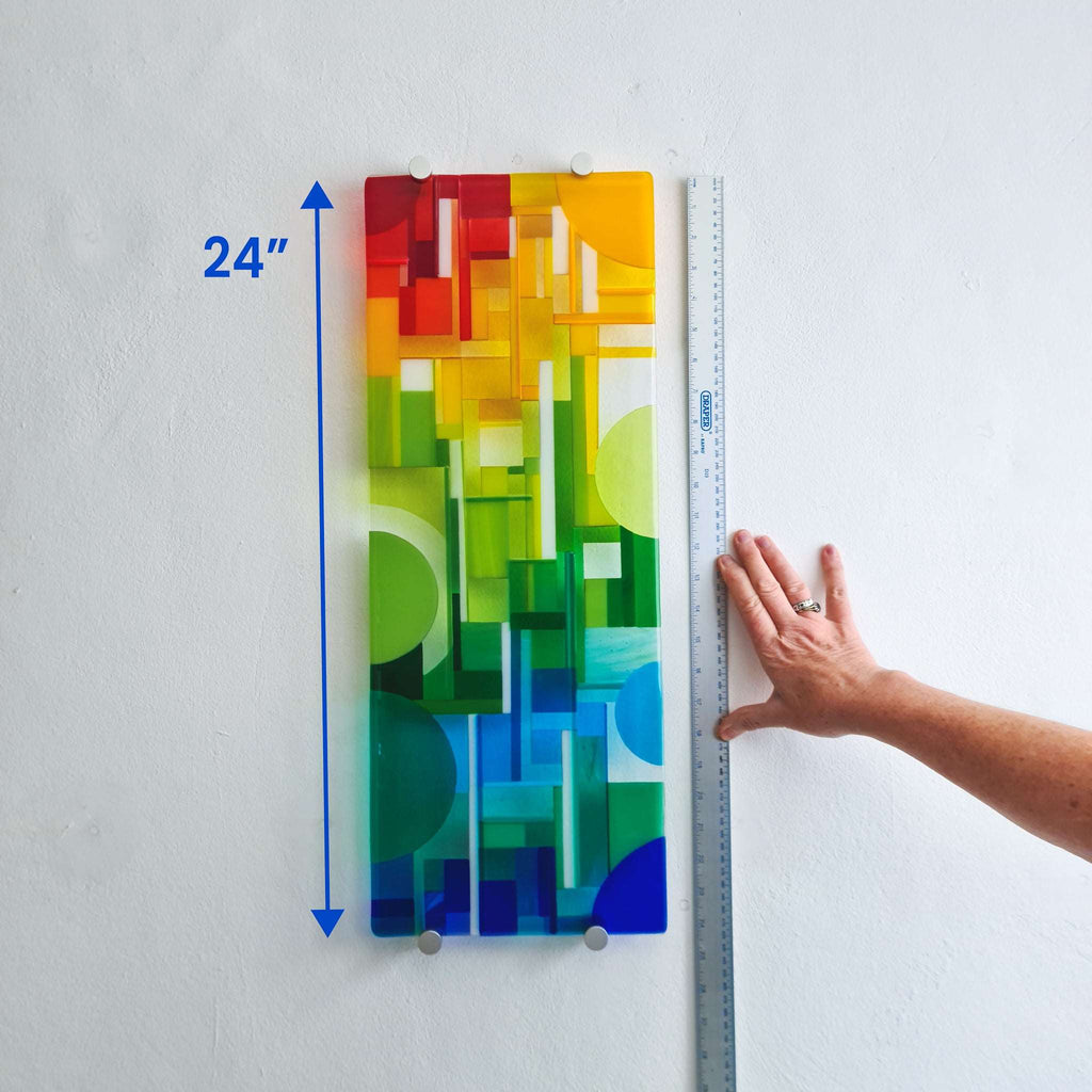 Rainbow Remnants: Fused glass wall art - Unique contemporary art glass panel in vibrant colours for home decor