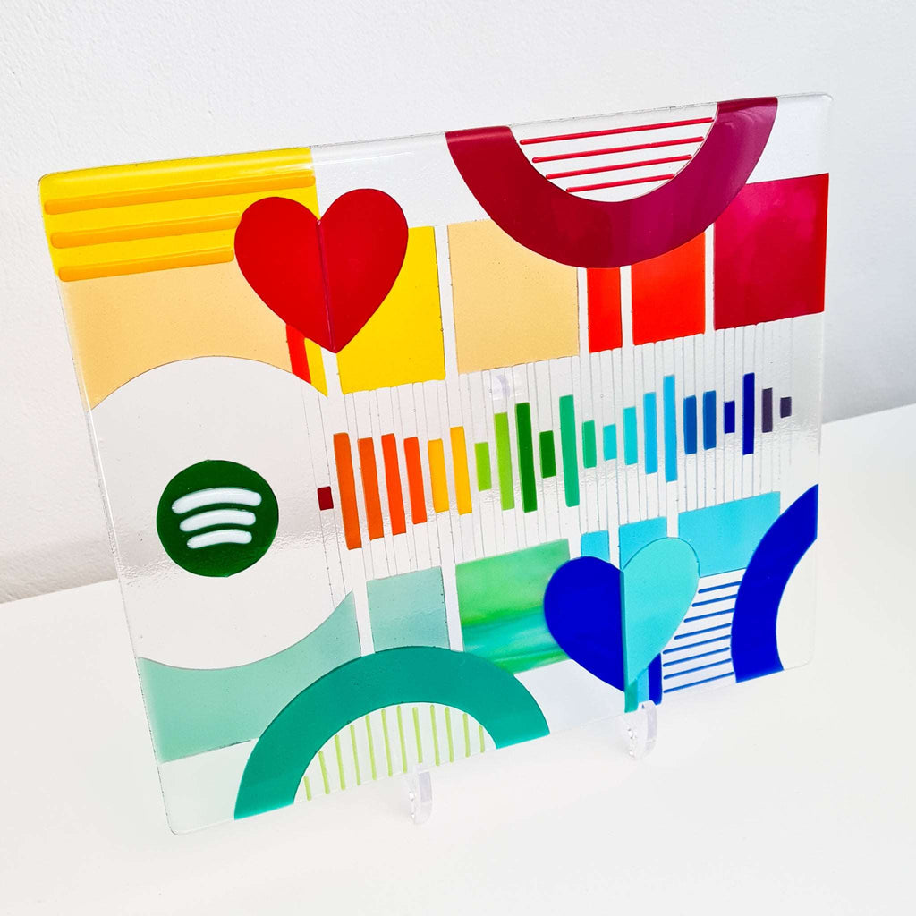 Spotify music code glass art in handmade fused glass, a unique waveform glass panel