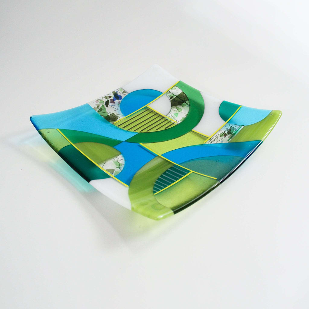 Products Large fused glass bowl, contemporary shallow dish with a bright geometric design
