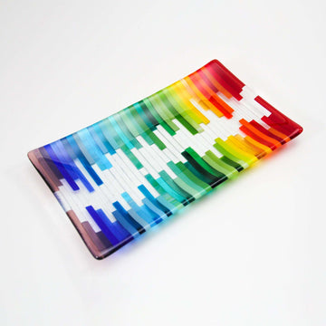 Glass rainbow waveform dish in handmade fused glass, a rectangular stained glass shallow dish