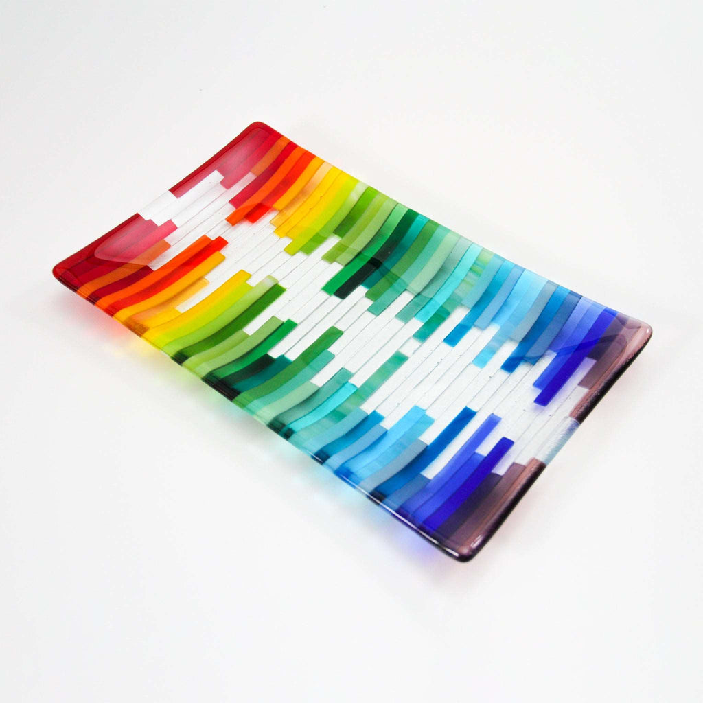 Glass rainbow waveform dish in handmade fused glass, a rectangular stained glass shallow dish