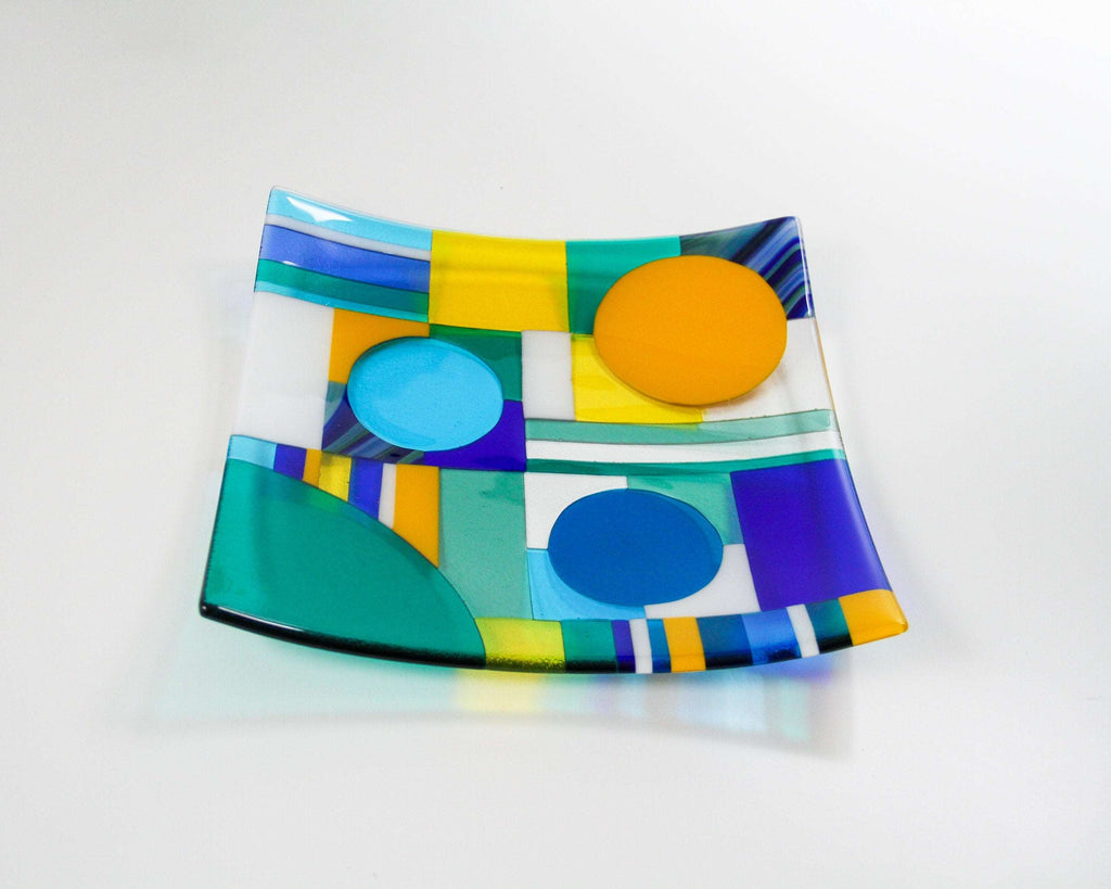 Art deco fused glass bowl, handmade contemporary decorative shallow dish with a geometric pattern